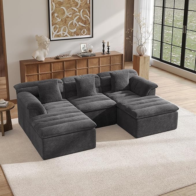 SUNG7 111.8" Modular Sofa with Ottoman, Boneless Cloud Couch with Deep Seat, Comfy U-Shape Corduroy Couches for Living Room, No Assembly Required, Dark Gray