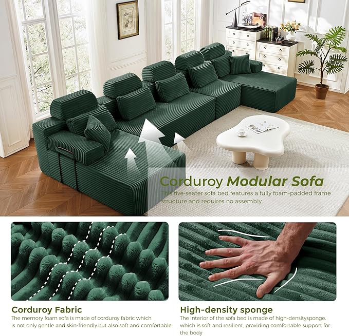 171" U-Shaped Cloud Modular Sectional Sofa with Chaise & Headrest, Boneless Deep Seat Plush Corduroy Couches for Large Living Room, No Assembly Required (Green, 171" U-shapred Chaise)
