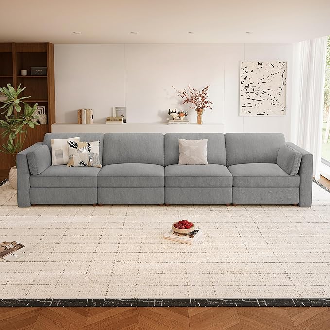 CUGOAO 153.4'' Modular Sectional Sofa, Oversized, Sectional Couch, Deep Seat Chenille Cloud Couch Sofa, Removable Cover, Mordern Upholstered Couches for Living Room, Apartment, Office, Grey