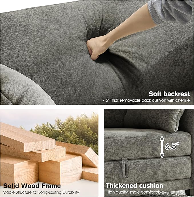 kakuboohi 65" Loveseat Sleeper Sofa Bed, Chenille Convertible Floor Sofa Bed for Small Spaces, Folding Couch Bed with Deep Seat, 2 Pillows & Solid Frame, Pull Out Floor Couch for Living Room, Grey
