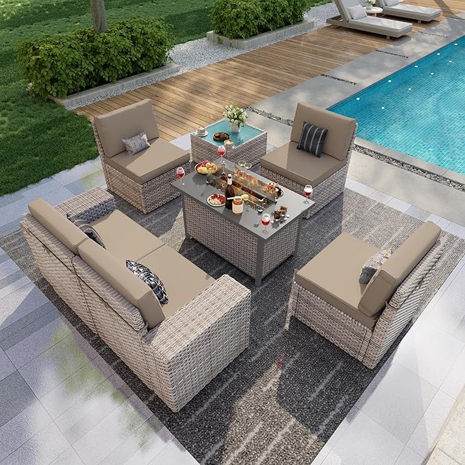 PCSXDSW 7 Pieces Patio Furniture Set, Outdoor Modular Sectional Couch Conversation Set with Wide Armrests, Wicker Seating Group Sofa with Coffee Table and Fire Pit for Backyard Deck (Khaki Cushions)