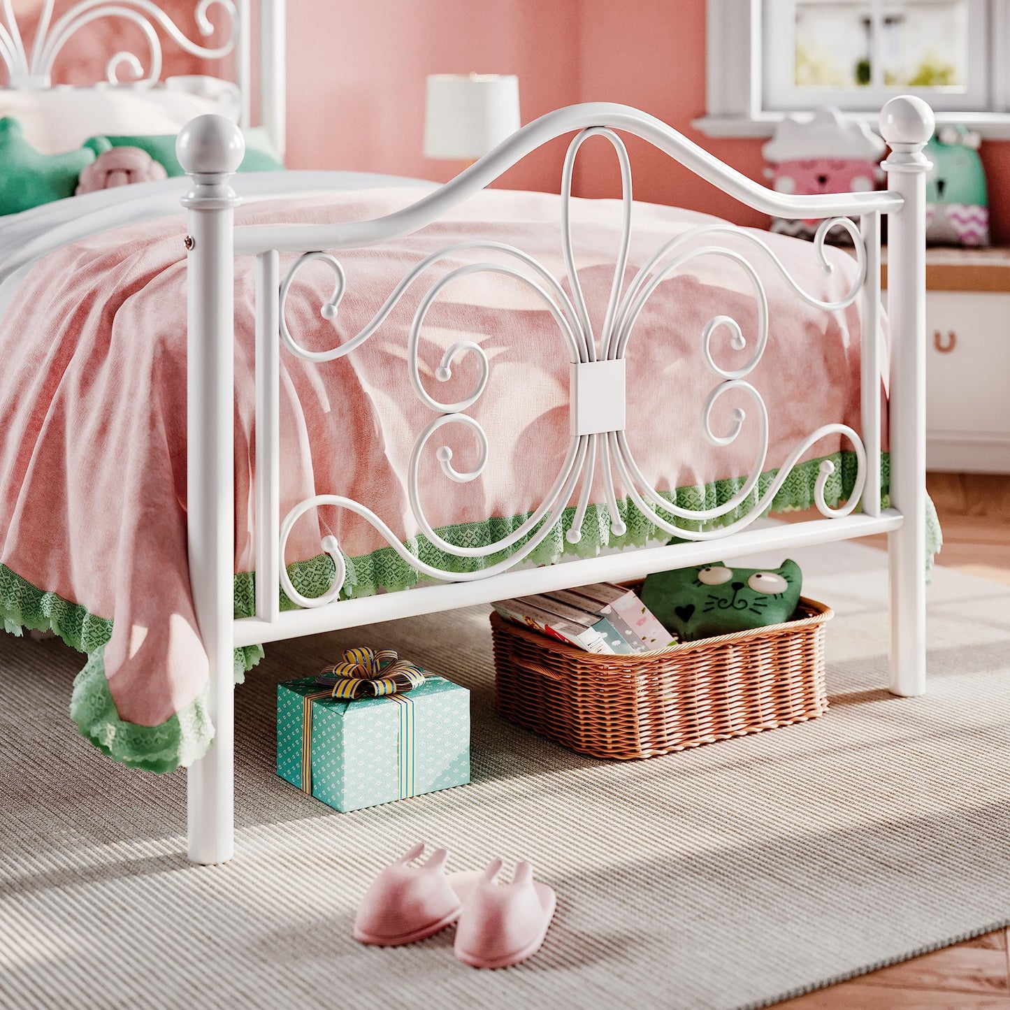SHA CERLIN Twin Size Bed Frame for Kids,Metal Bed Frame with Butterfly Pattern Design Headboard & Footboard,No Box Spring Needed,Easy Assembly,White