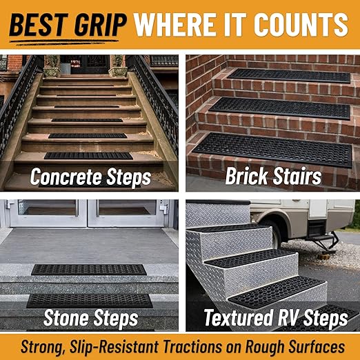 Ottomanson Outdoor Rubber Stair Treads – Circles Heavy-Duty Non Slip Stair Mats – Strong Grip for Concrete, Brick & Textured Steps – Extra Securing on Wooden & RV Steps, Pack of 5