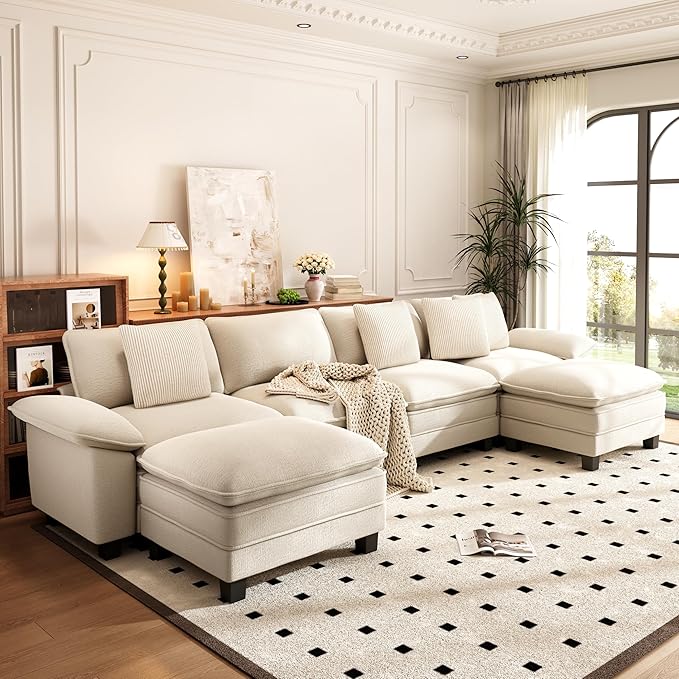 PHI VILLA Cloud Modular Couch Sets, 157.5" Sectional Sofa with U-Shaped Chaise, 6-Seater Couches with Movable Ottomans for Living Room, Chenille Fabric, Beige