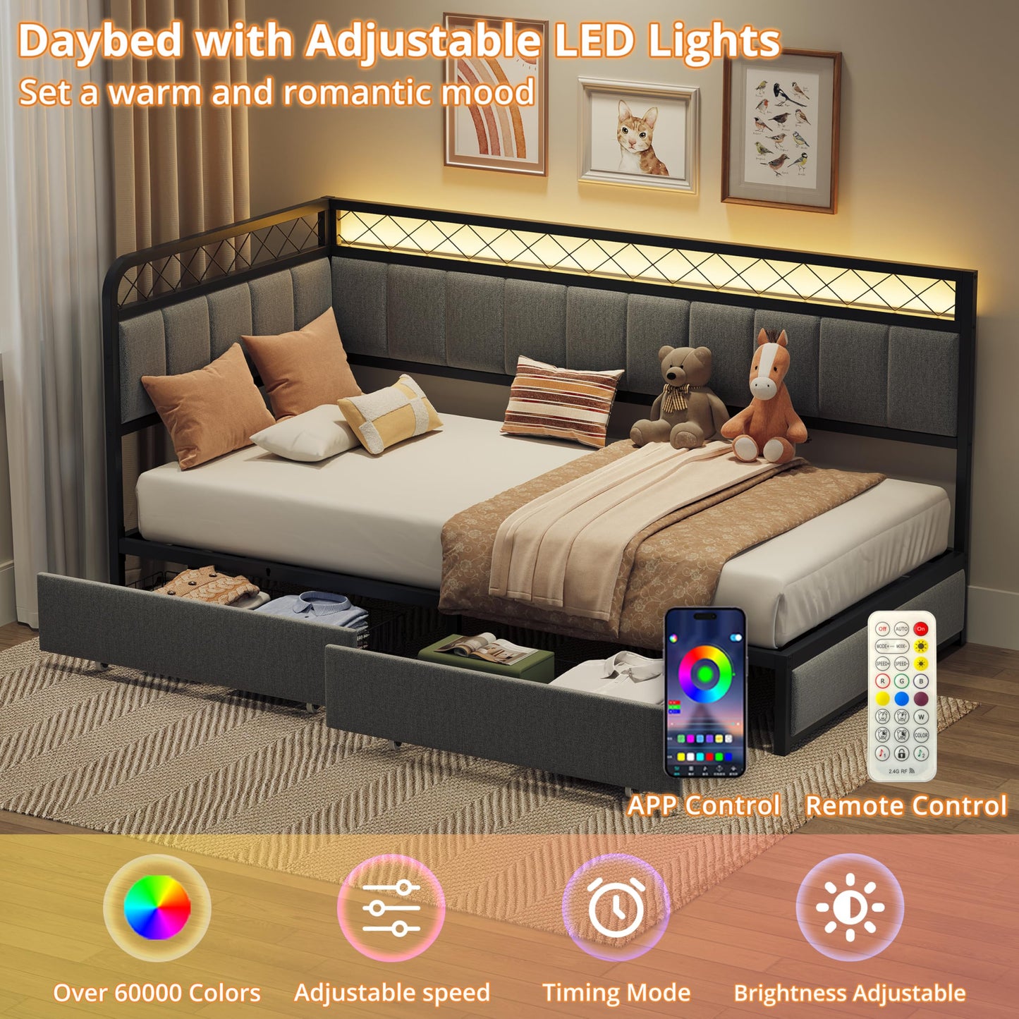 ANCTOR Twin Corner Bed Frame with 2 Storage Drawers, Daybed with LED Lights and Charging Station, Metal Platform Bed Frame for Living Room, Bedroom and Guest Room, Gray