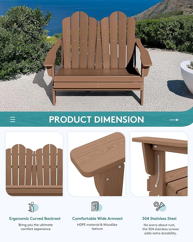 SERWALL 3 Pieces Patio Adirondack Bench Set, 2 Folding Adirondack Bench and 1 Coffee Table Set for Front Porch Garden Balcony Backyard, Brown