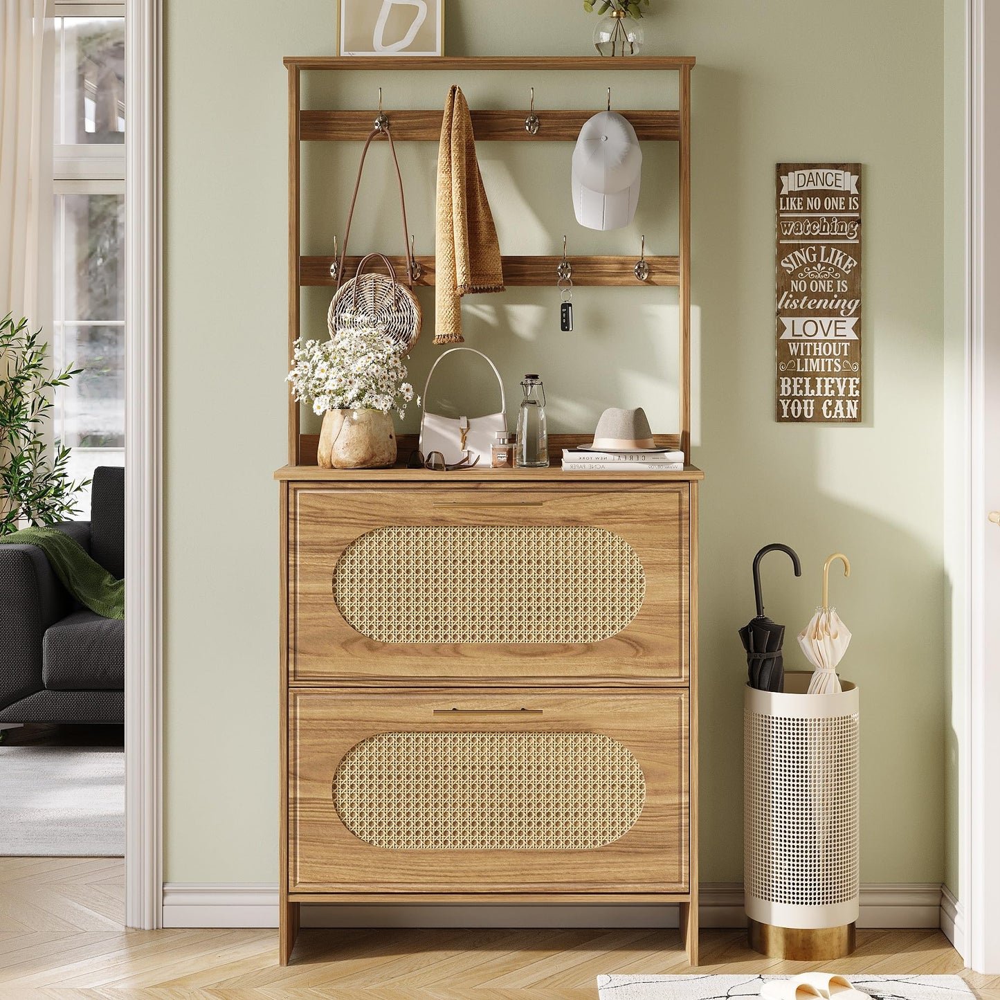 Maupvit Shoe Cabinet with 2 Flip Drawers, Shoe Rack with Rattan Doors, Hidden Shoe Storage Cabinet with Hanging Hooks, Tall Free Standing Shoe Organizer for Foyer, Entryway, Hallway (Rustic Oak)