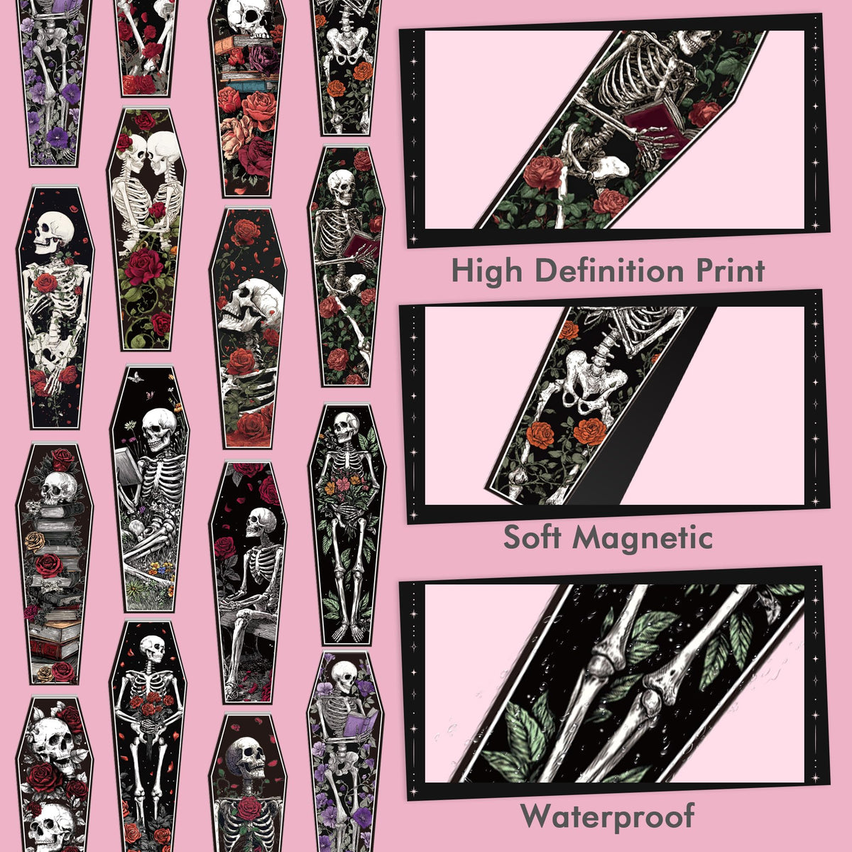 30 Pcs Gothic Skeleton Magnetic Bookmarks, Coffin-Shaped Rose and Skull Book Mark Clips for Book Lovers, Dark Romance Magnet Page Markers for Women Men, Halloween Bookish Gifts