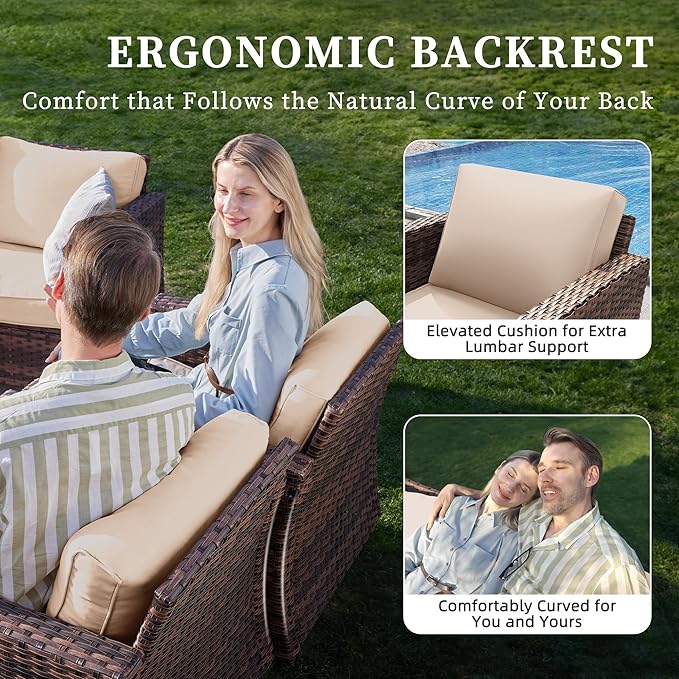 UDPATIO 5 Pieces Patio Furniture Set with Fire Pit Table, Outdoor Conversation Set with Rocking Swivel Chairs, Wicker Furniture Set with Waterproof Cover, 4'' Thickened Cushion, Khaki