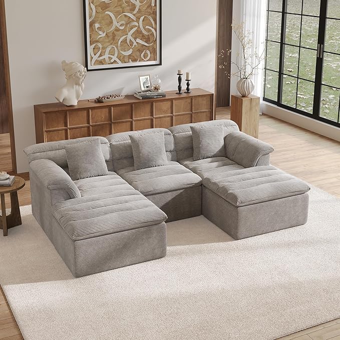 SUNG7 111.8" Modular Sofa with Ottoman, Boneless Cloud Couch with Deep Seat, Comfy U-Shape Corduroy Couches for Living Room, No Assembly Required, Light Gray