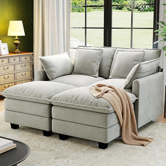 58" Cloud Couch Loveseat, Deep Seat Modular Sectional Sofa with 4 Removable Washable Pillows and 2 Ottoman for Living Room, Bedroom, Apartment, Light Grey