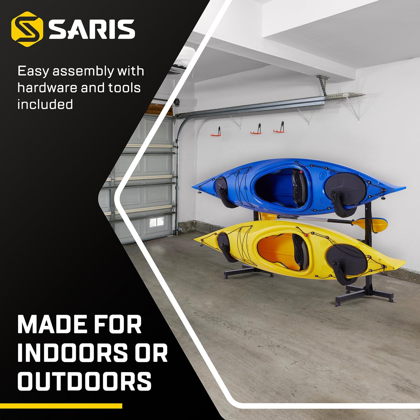 Saris Kayak Storage Rack, Heavy Duty Freestanding Storage for Two-Kayak, SUP, Canoe & Paddleboard for Indoor, Outdoor, Garage, Shed, or Dock, Adjustable Levels