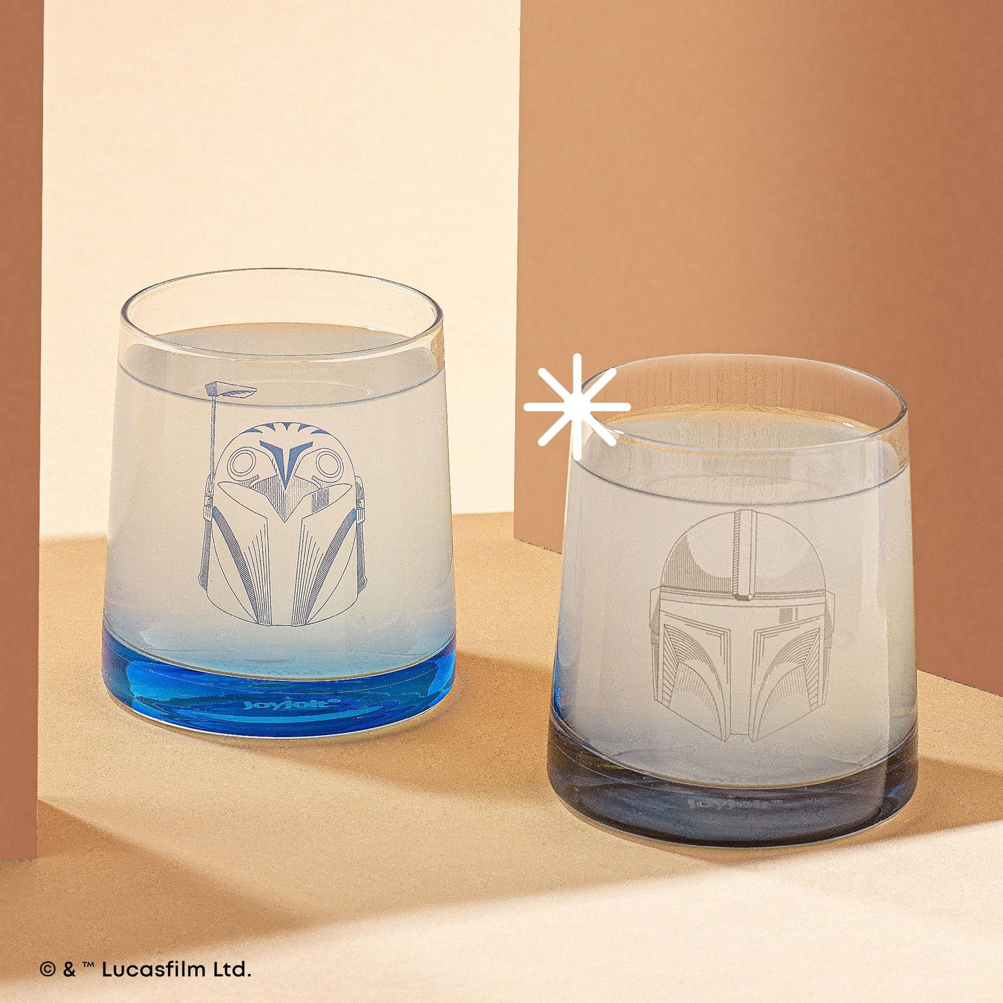 JoyJolt Star Wars The Mandalorians Short Drinking Glasses Set of 4, 10 oz Lowball Glasses ft Mandalorian Helmet Designs, Coffee and Water Tumbler Cups, Star Wars Gifts for Men, Women, and Adults