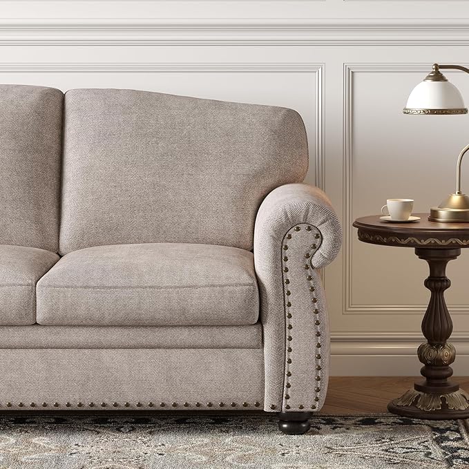 ONBRILL 90 Inch Nailhead Trim Couch for Living Room, 23 Inch Deep Seat Rolled Arm Sofa, Comfy Upholstered 3 Seater Chenille Couch w/Wooden Leg, Large Traditional Sofa for Farmhouse, Beige
