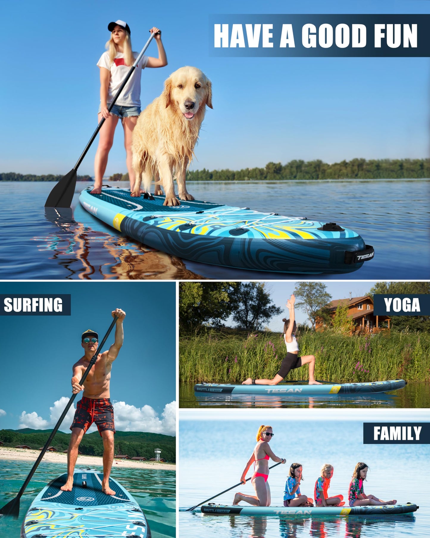 TESAN 11'6x35'' Extra Wide Inflatable Paddle Board,All-Round Ultra Stable Stand Up Paddleboards for 450lb/3 People/Family,Dual Bungees, Camera Mount, 5L Dry Bag,3 Handles,100L Backpack,3PCS Paddle