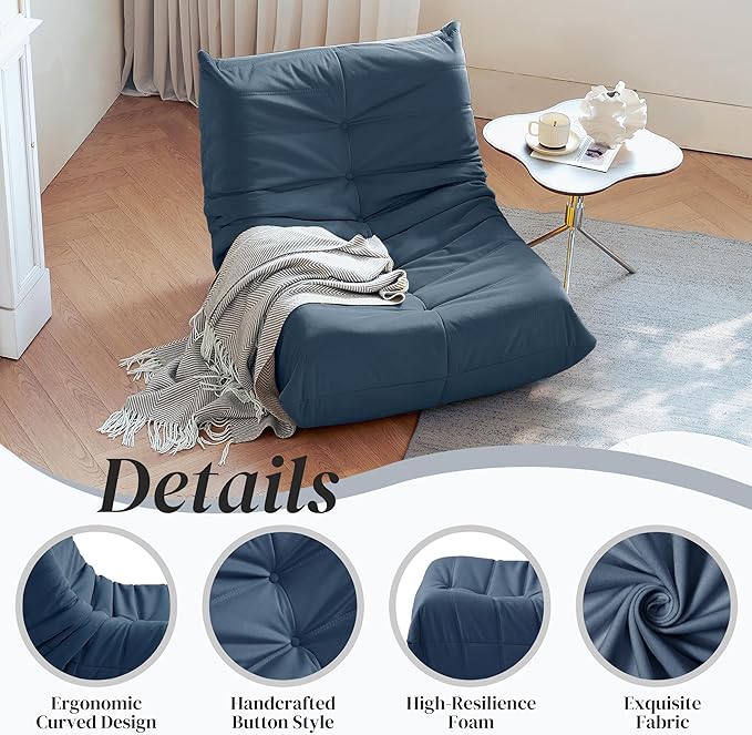 Bean Bag Chair, Fireside Chair Bean Bag Sofa for Adults, Bean Bag Chairs for Teens with High-Resilience Foam, Memory Foam & Non-Slip Base Bean Bag for Living Room, Bedroom, Office (Suede, Dark Blue)