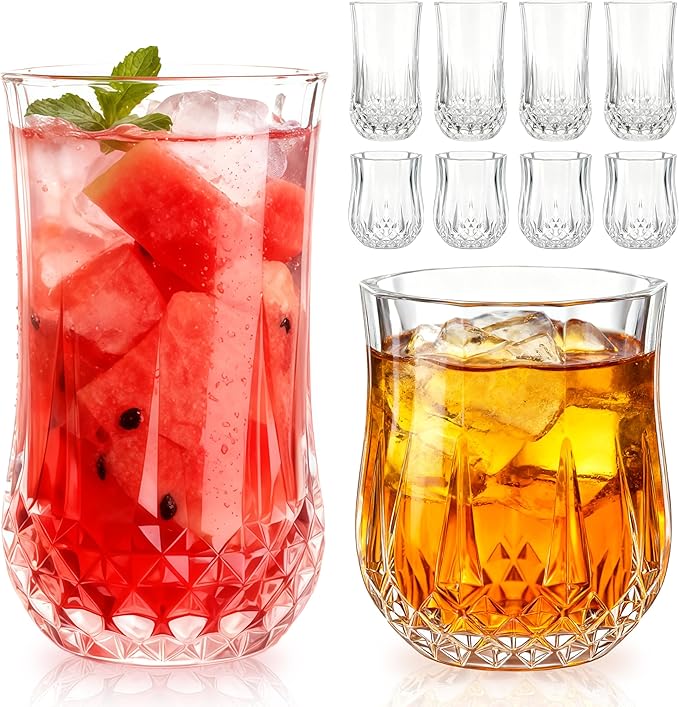Ruckae Drinking Glasses Set of 8,11 oz and 7 oz Kitchen Water Glass Cups Set,Clear Curvature Glassware Dishwasher Safe,Mix...