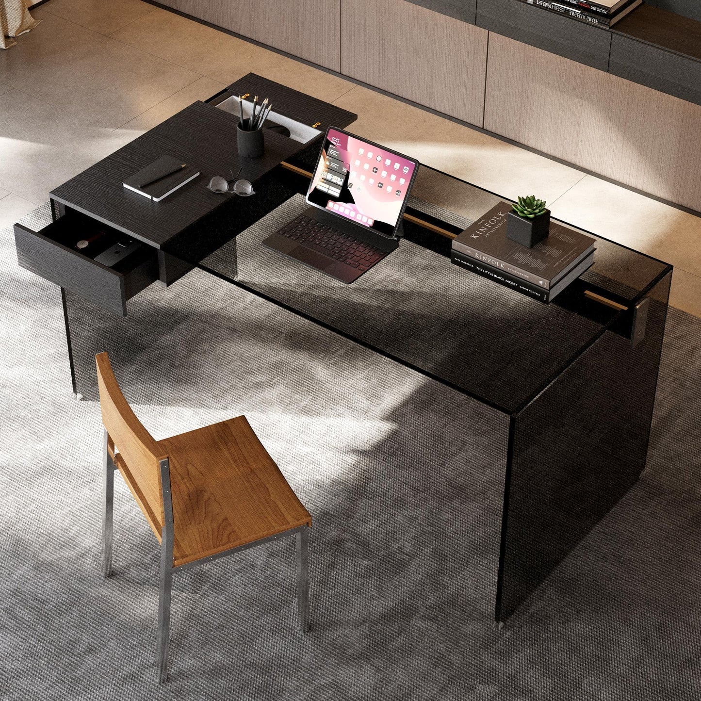 gaoyangjiaju Modern L-Shaped Glass Desk with Wooden Drawer – Black Tempered Glass Computer Desk with Storage for Home Office & Study