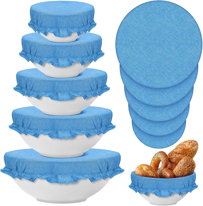 Patelai 10 Pcs Bowl Covers Reusable in 5 Size Stretch Cloth Fabric Elastic Food Storage Bowl Covers Bread Sourdough Lids for Proofing Food Fruits Leftover(Blue,Blue Style)