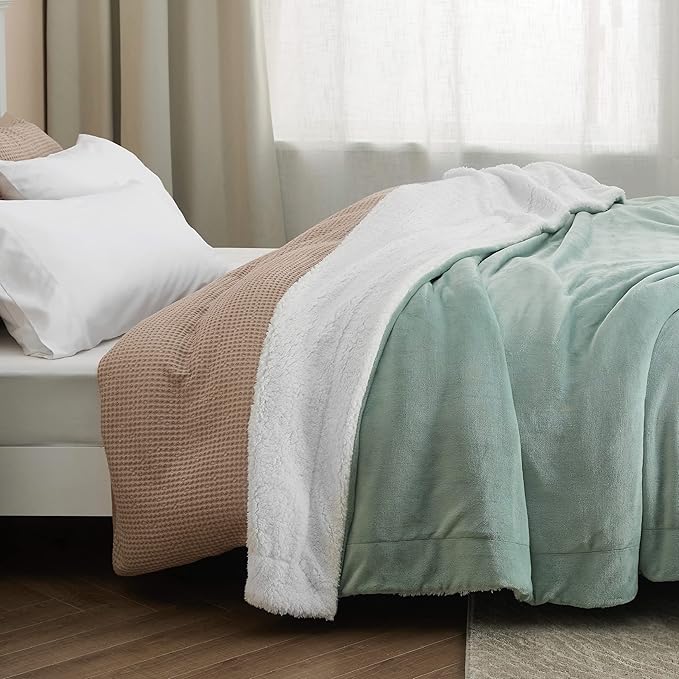 Bedsure GentleSoft Sherpa Fleece Blankets King Size for Bed - Thick and Warm Throw for Women and Men, Soft Fuzzy Plush King Blanket for Winter, Non-Heated, Sage Green, 108x90 Inches