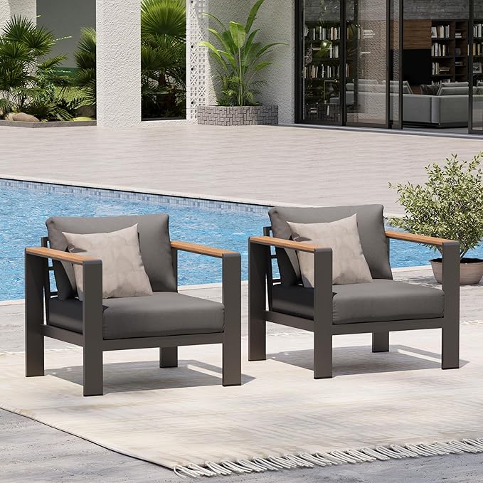 Oasbira Aluminum Outdoor Patio Furniture Armchair, All-Weather Outdoor Patio Sofa with Washable Thick Cushion, Patio Sofa Couch Set of 2 for Porch, Balcony, Deck, Yard, Graphite