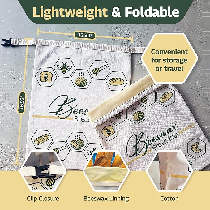2pack Beeswax Bread Bag for Homemade - Reusable Beeswax Bread Bags for Sourdough Linen Freezer Bags - Storage for Fresh sourdough