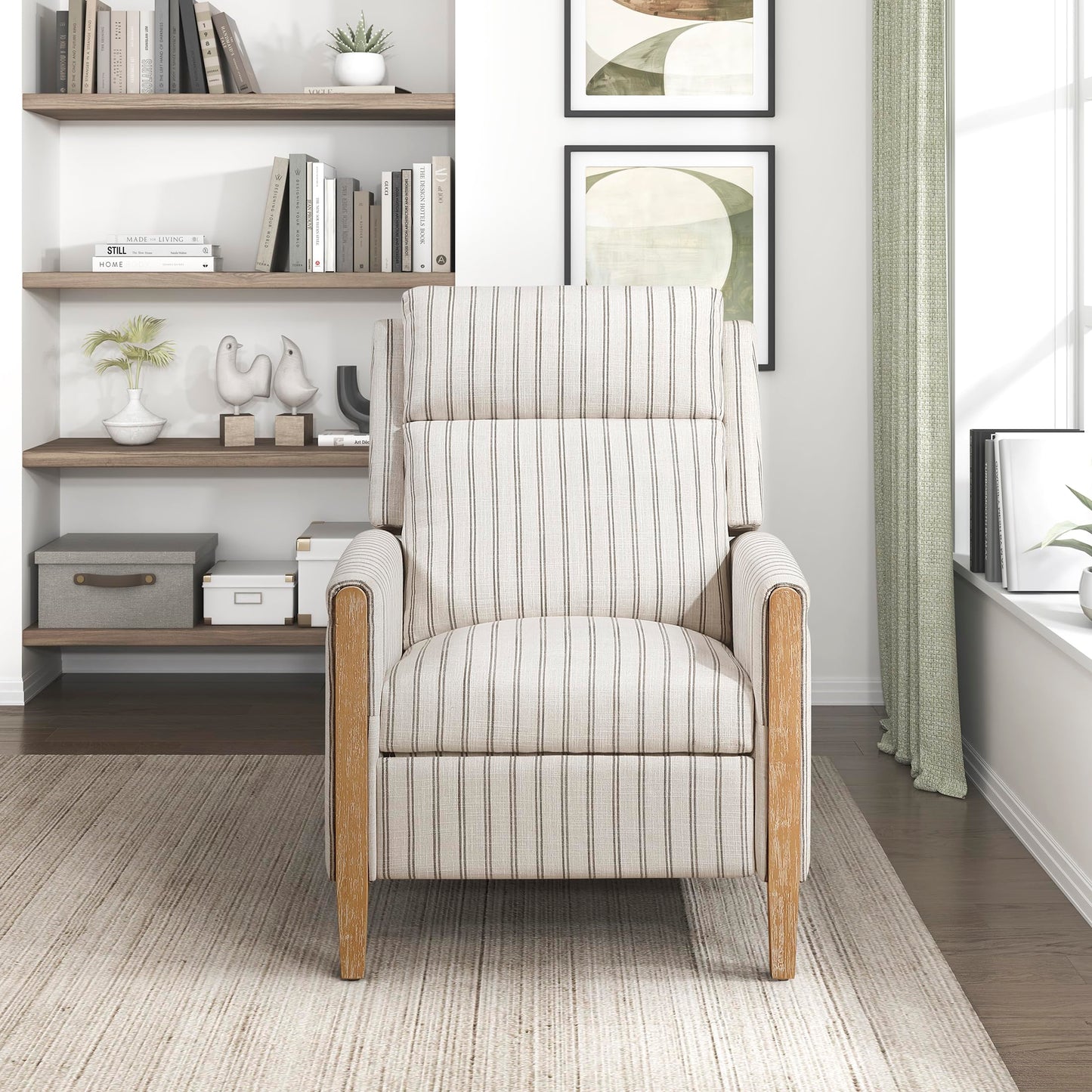 Lexicon Pushback Recliner Chair, Striped Textured Fabric Accent Armchair, Push Back Recliner, Nailhead Trim, Solid Wood Legs, Easy Assembly for Living Room/Office/Apartment, White/Grey