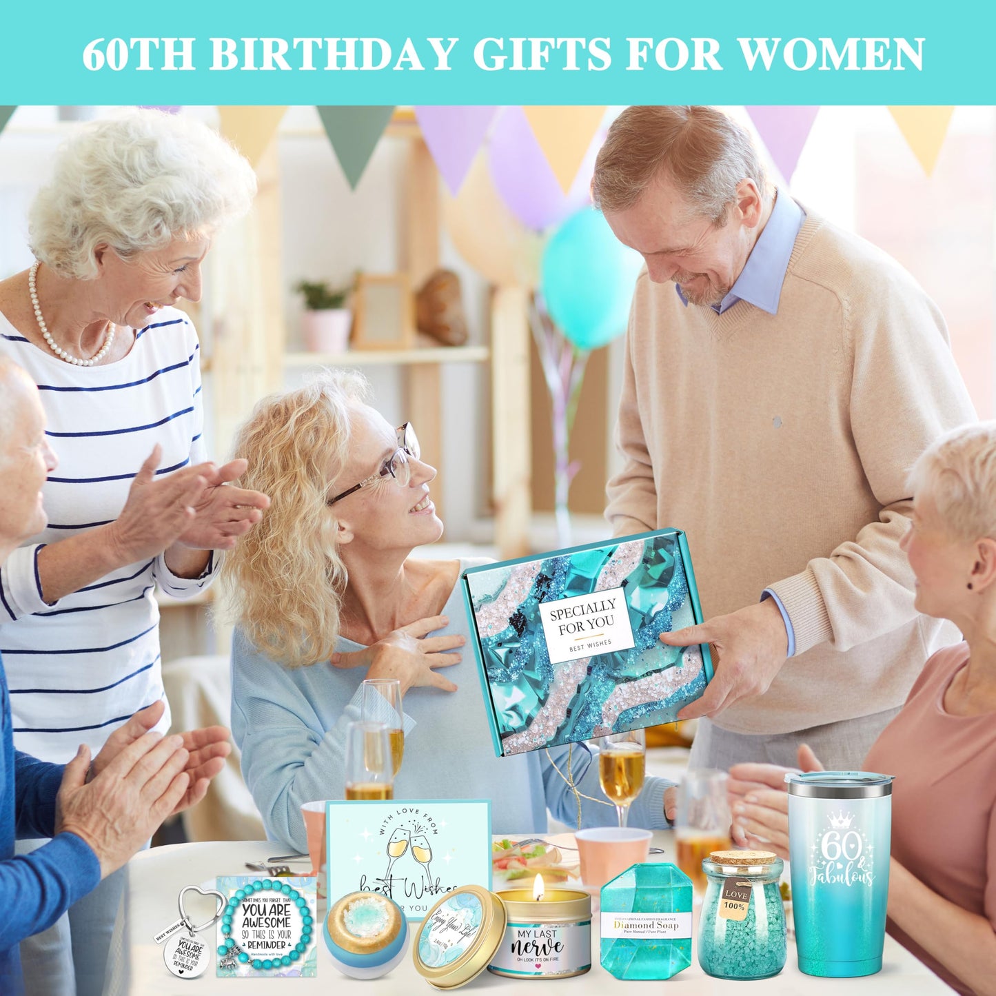 GEMWAVE 60th Birthday Gifts for Women, 60th Birthday Gifts Ideas Baskets, Gift for 60th Birthday Women, 60 Fabulous Tumbler Gift Baskets for 60 Year Old Mom Sister Friend Wife Grandma