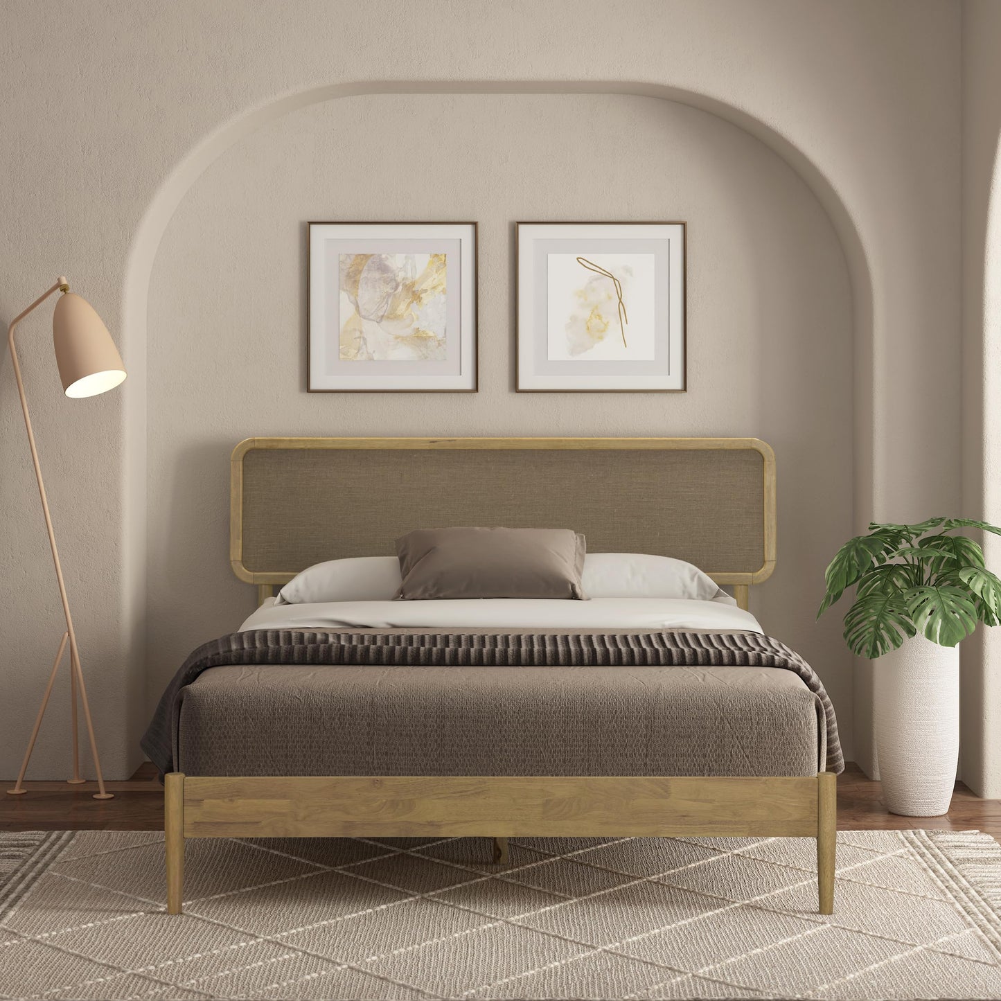 NTC Lupin Wooden Bed Frame with Headboard, Solid Oak and Rubber Wood Foundation with Silent Slats and Wood Central Supports, 1000 Lb Capacity, Queen - Sand