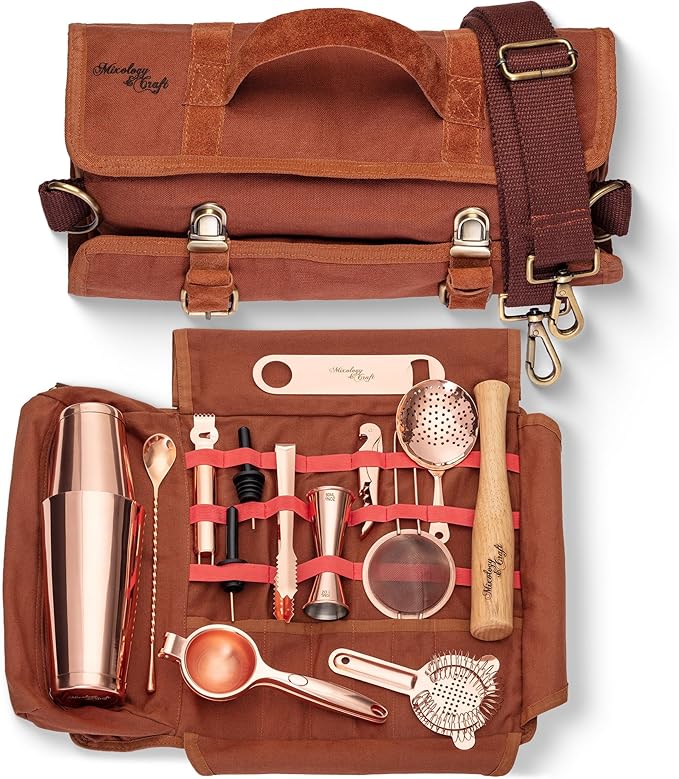 Travel Bartender Kit Bag | Professional 17-Piece Copper Bar Tool Set with Portable Bar Bag and Shoulder Strap for Easy Car...