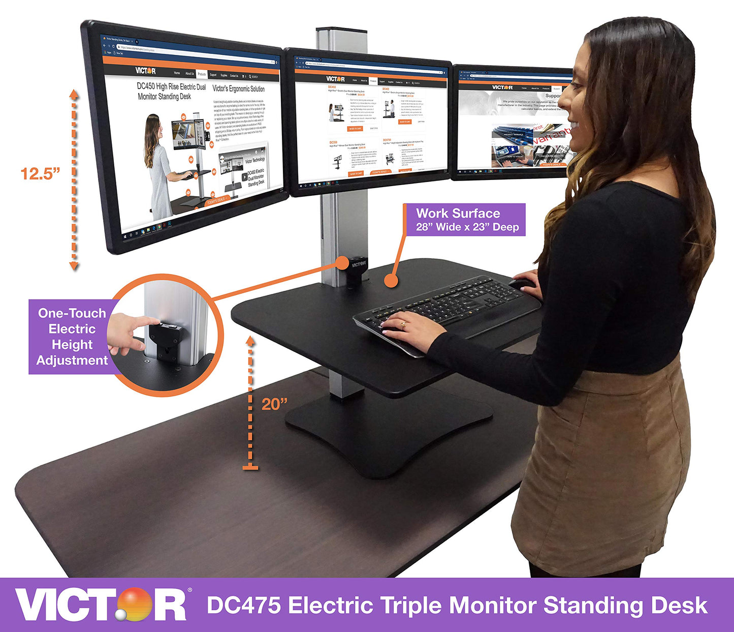 Victor DC475 High Rise Electric Triple Monitor Standing Desk Converter | Three Large Monitor Sit-Stand Desk | 28” Wide Work Surface | Compatible with Any Standard Desk | Adjustable Monitor Holder