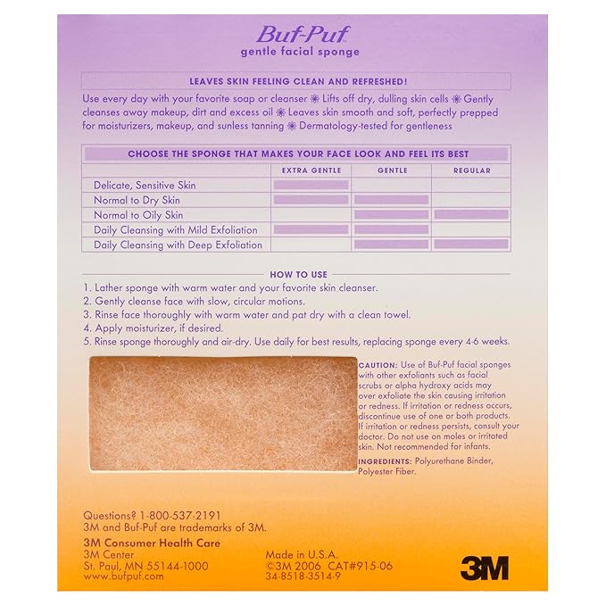 Buf-Puf Gentle Facial Sponge, Dermatologist Developed, Removes Deep Down Dirt & Makeup That Causes Breakouts and Blackheads, Reusable, Exfoliating, 6 Count