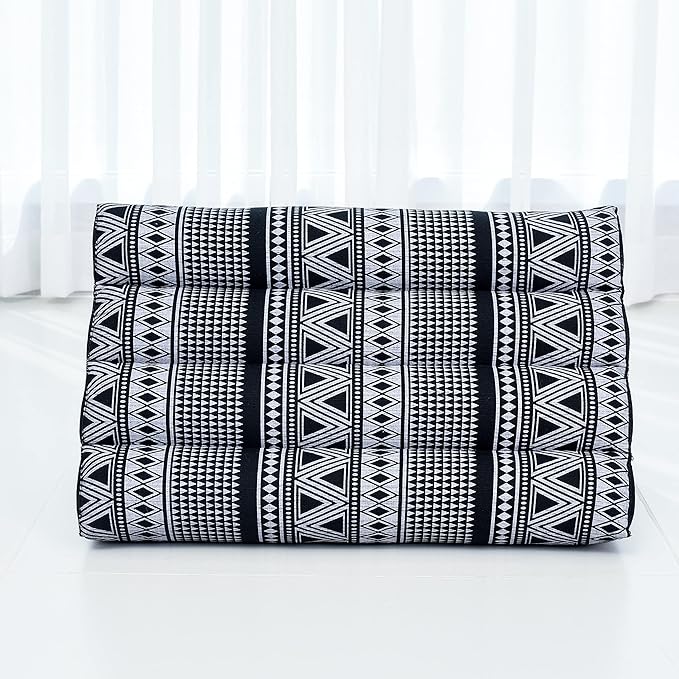 Leewadee Thai Triangle Cushion – Comfortable Backrest for TV or Reading, Wedge Pillow - Eco-Friendly Natural Kapok Filling, 20 x 13 x 13 inches, Black White