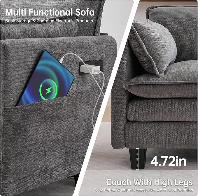Opiesit 108" Modular Sectional Couches for Living Room with Ottoman, L Shaped Cloud Couch with Charger, USB & Type-c Port, Comfy 4 Seats Sofas with Deep Seat, Chenille Fabric, Darkgrey