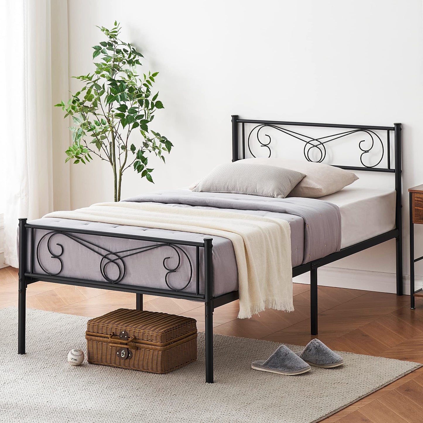FinerFurnis Twin Size Metal Platform Bed Frame with Headboard and Footboard, No Box Spring Needed, Under Bed Storage Space, Mattress Foundation, Simple Assembly, Modern Style Bed Frame Platform