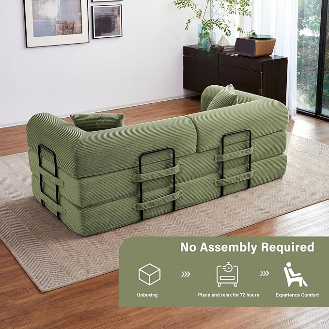 79" 5-in-1 Folding Convertible Sofa Bed, Oversized Corduroy Futon Floor Couch with Pull-Out Sleeper, Modular Boneless Loveseat for Small Spaces, Living Room, Bedroom (Light Green)