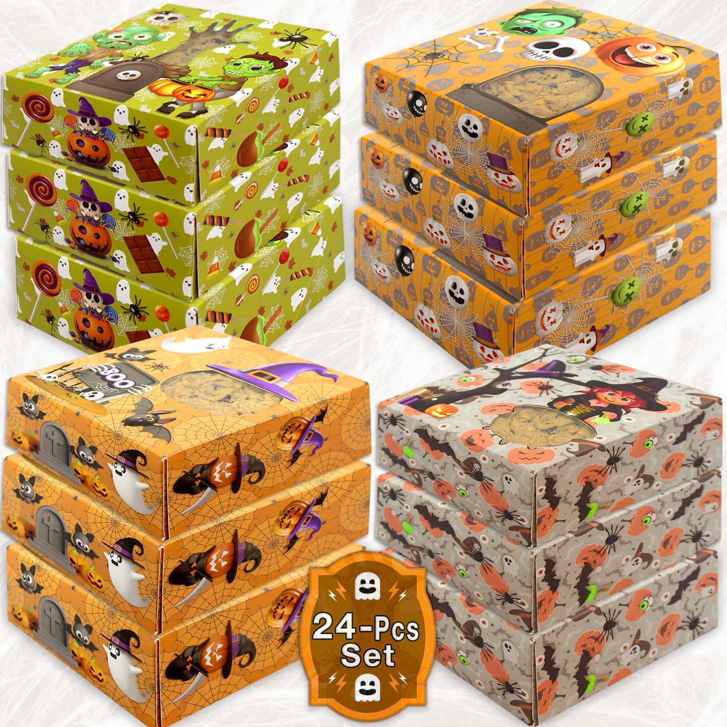 BASHOUT Halloween Cookie Boxes | 24 Pcs Variety Pack with 4 Unique Designs | 5" x 5" Inch Treat Boxes for Gift Giving & Candy Display