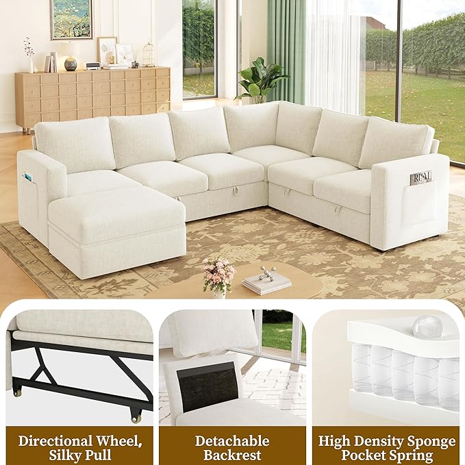 SUAWY 106.7" Sectional Sleeper Sofa with Pull Out Couch, Modern 7 Seat U Shaped Modular Couch, Sectionals Modular Sofa with Storage, Comfy Sectional Couches for Living Room & Apartment, Beige
