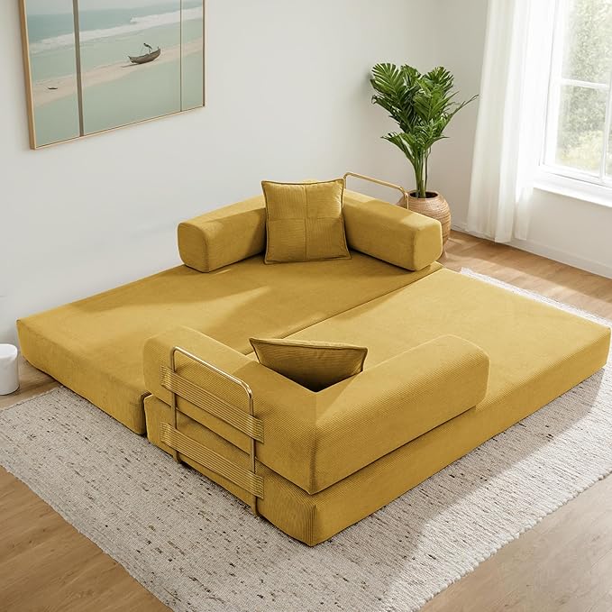 Convertible Couch Sofa Bed Foldable Floor Sleeper | Modern Fold Out Deep Seat Couch | Removable Backrest & Armrests | No Assembly Compression Sofa Sleeper for Living Room, Bedroom, Corduroy Yellow