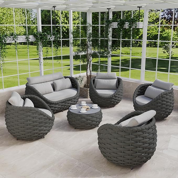 Erotr Aluminum Porch Outdoor Furniture Set: 6 Pieces Rope Patio Conversation Sofa Set - Modern Woven Deck Couch Set Cushioned - No Assembly All Weather Seating for 660lbs Yard Garden Lanai Hotel Pool