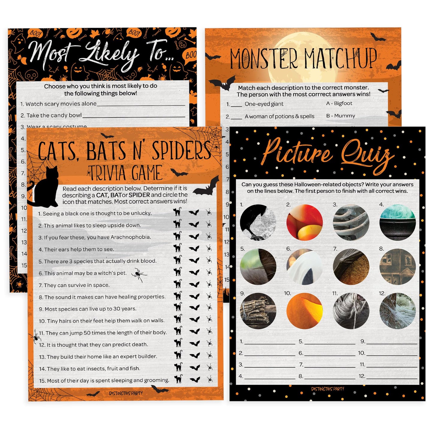Halloween Party Games Bundle – Monster Matchup, Most Likely to, Picture Quiz, and Trivia – 4 Fun Party Games for Adults and Kids, 25 Guests