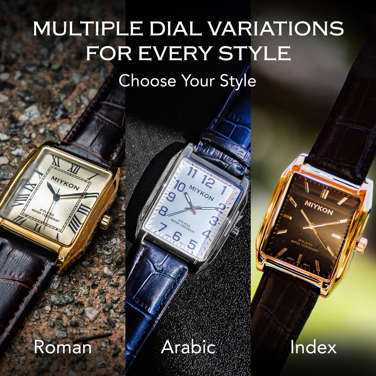 Miykon Vintage Watches for Men - Tank Square Silver Analog Watch with Black Genuine Leather Wrist Strap for Classic Dress - Ion Polished, Scratch Resistant Glass, Japanese Quartz, Waterproof to 100ft
