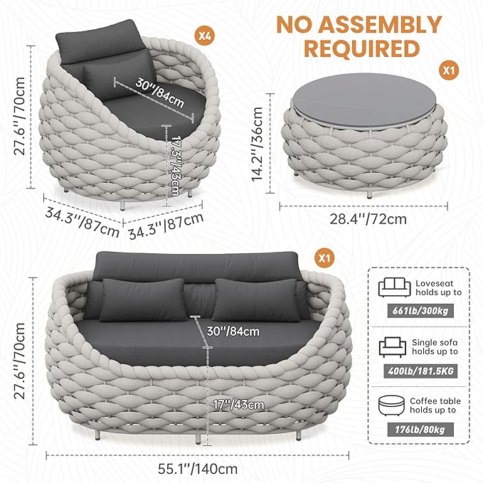 Erotr Cushioned Outdoor Patio Furniture Set: 6 Pieces Aluminum Porch Conversation Sofa Set - Modern Hand Woven Rope Deck Couch Set - No Assembly All Weather for 661lbs Yard Garden Poolside Hotel, Gray