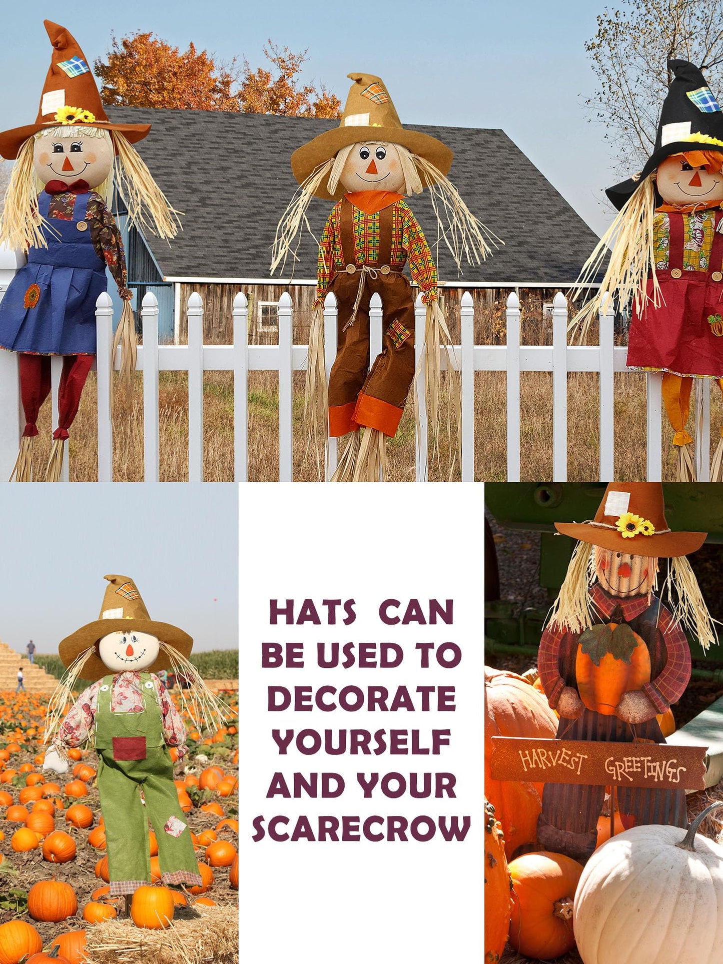 Ramede 3 Pcs Halloween Scarecrow Hat Felt Scarecrow Costume Accessory Straw Witch Sunflower Wizard Hat Halloween Raggedy Hat for Cosplay Party Accessory Adult Men Women, Multicolor