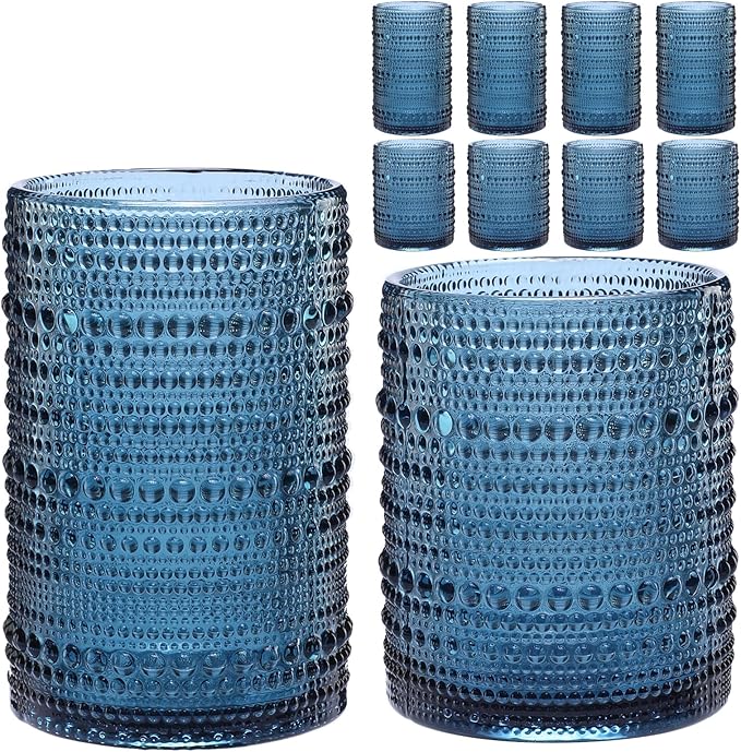 ZMOWIPDL Vintage Hobnail Drinking Glasses Set of 8,Blue 12 oz & 15oz Highball Glass Cups,Kitchen Drinkware Glassware,Embos...