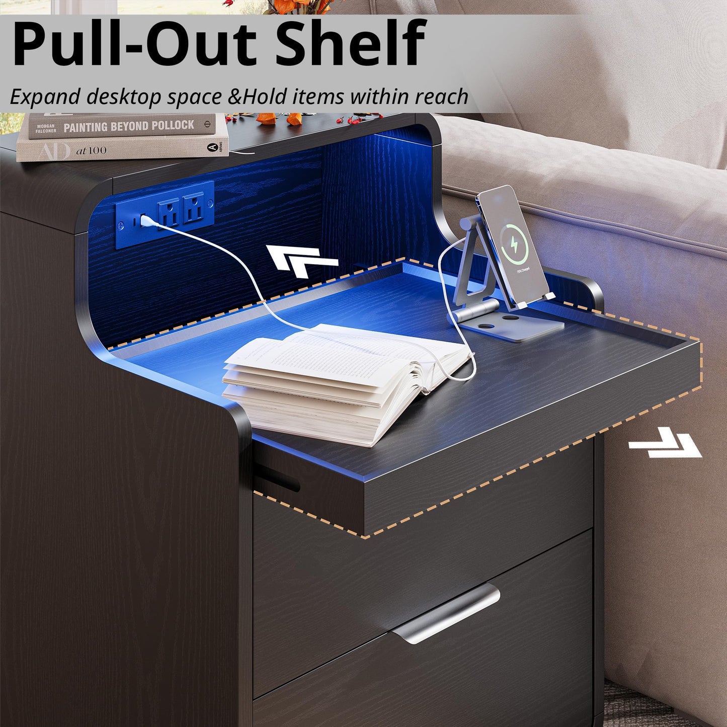 LIKIMIO Nightstand with Charging Station and LED Lights, Night Stand with Pull-Out Shelf, Morden End Table with 2 Drawers, Bedside Table for Bedroom, Black