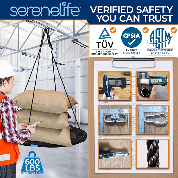 SereneLife 40" Saucer Swing - Outdoor Swing Set with Universal Hanging Kit, Swinging Seat Spinner with Pillow & Carry Bag, Weatherproof, Water-Resistant, Supports Up to 700 lbs, Black