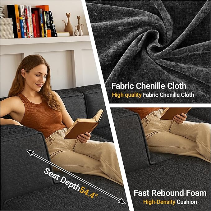 KOBY HOME 106" Sectional Compressed Sofa Modular Couches,High-Density Foam No Assembly Required,3-Piece(1xCorner 1xArmless 1xOttoman) for Living Room, Chenille Dark Gery