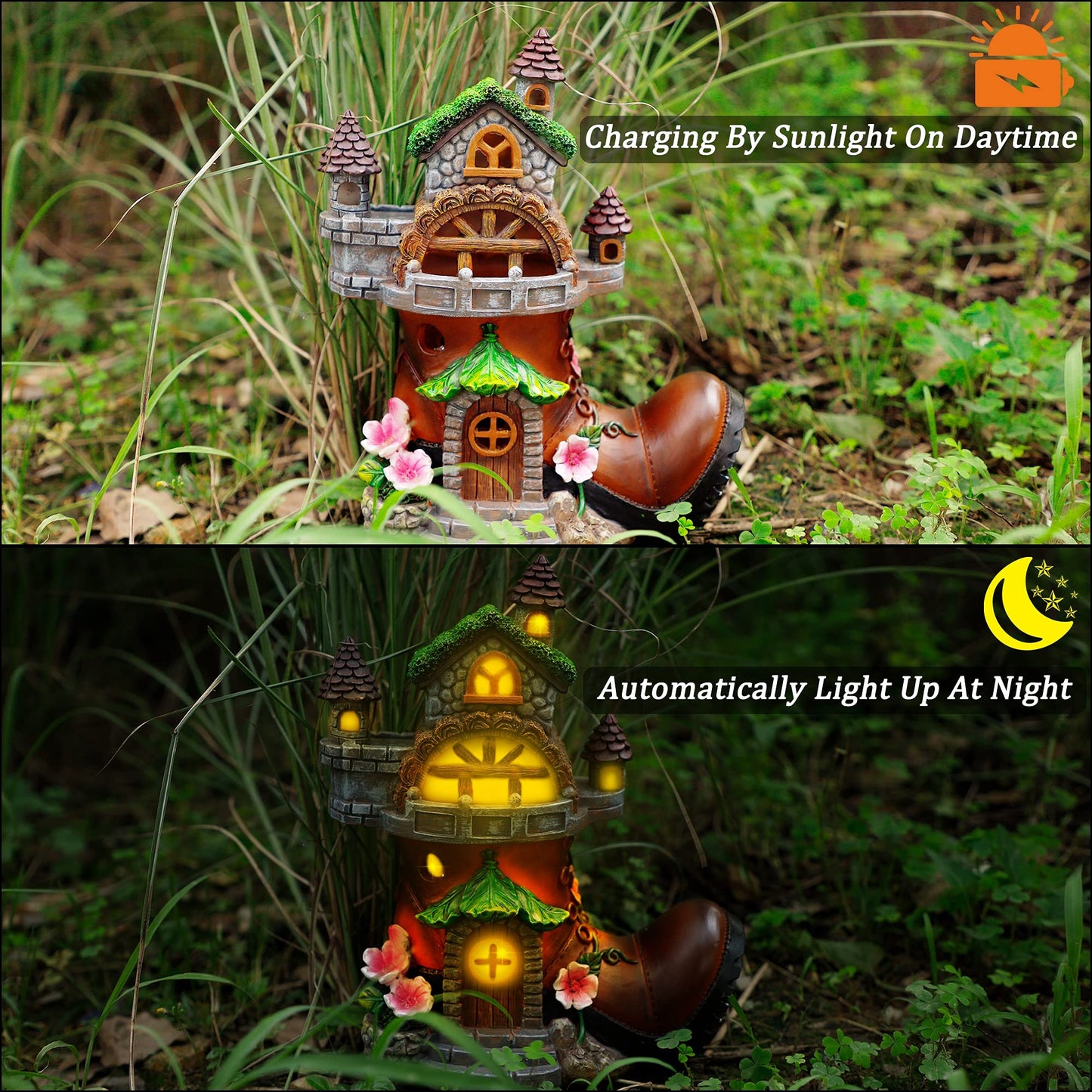 FORUP 10 Inch Fairy House Garden Statues with Boots, Fairy Garden Decor House Kit, Solar Powered Lights Garden Figurine for Outdoor Patio Lawn Yard Garden Decorations