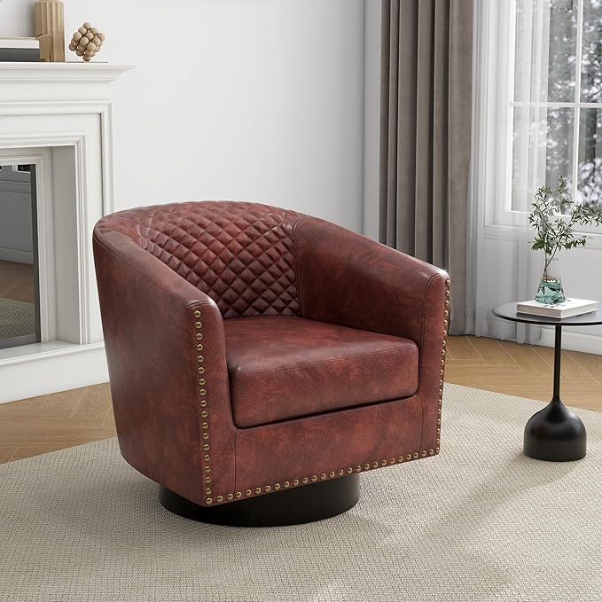 UIXE Swivel Accent Chair, PU Leather Barrel Club Chair for Living Room, Upholstered Armchair Comfy Single Sofa Bedroom Reading Seat - Red Brown